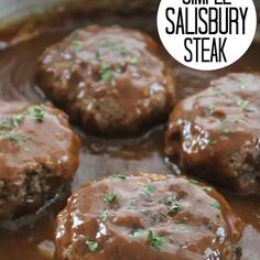 some meatballs covered in gravy on top of a pan with the words slow cooker steak