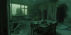 a table and chairs in an abandoned room