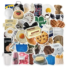 a bunch of stickers that are on top of a white surface with food and drinks