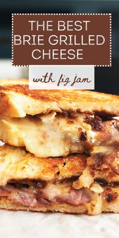 two grilled cheese sandwiches stacked on top of each other with the words, the best brie grilled cheese