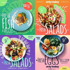 four posters with different types of food and the words fresh salads, fresh salads, fresh salads only today