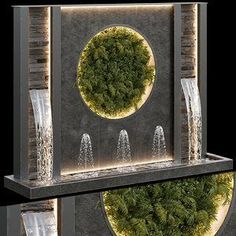 a water fountain with moss growing on the top and bottom, in front of a black background