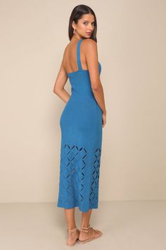 A night-out look created with the Lulus Immensely Poised Blue Sleeveless Laser Cut Sweater Midi Dress will definitely have your date in awe! Stretchy, medium-weight sweater knit shapes this cute dress that features a sleeveless bodice, a straight neckline, and wide tank straps. The bodycon silhouette features a pierced, laser-cut design along the bottom, before ending at a chic midi hem. Fit: This garment fits true to size. Length: Mid-calf length. Size medium measures 42.75" from shoulder to he Sweater Midi Dress, Laser Cut Dress, Adhesive Bra, Straight Neckline, Lasercut Design, Sweater Dress Midi, Vacation Dresses, Strapless Bra, Cutout Dress