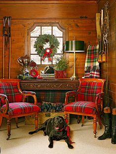 a dog laying on the floor next to two chairs in front of a christmas wreath