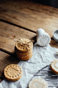 some cookies and eggs on a wooden table