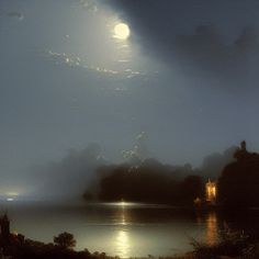 the full moon shines brightly in the night sky over a body of water with trees and bushes