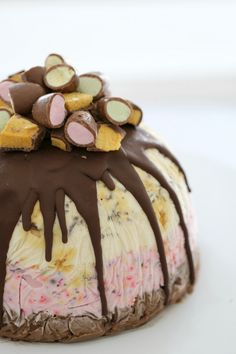 a cake with chocolate and candy toppings on top