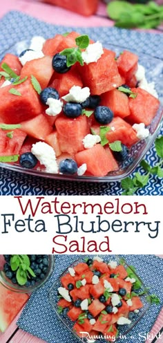 watermelon, feta and blueberry salad in a glass bowl on a table