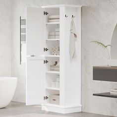 a white cabinet with towels and other items on it in a room that looks clean