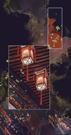 an image of two red lanterns on top of a wooden roof in the dark night