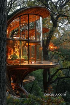 an unusual tree house in the woods