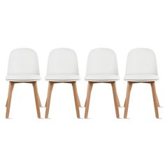 three white chairs with wooden legs in front of a white background, set of four