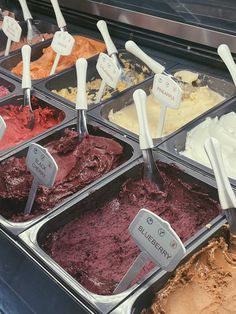 an assortment of ice creams in trays on display