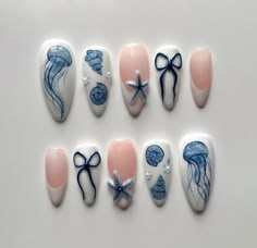 Greetings and welcome to my store. Hope you find a style you like . 𝐌𝐚𝐭𝐞𝐫𝐢𝐚𝐥: I only work with high quality materials to create sturdy & long-lasting luxury press on nails that you can trust on. My nails will last for: 1- 2 days using adhesive tab (provided with the nail set) 2- 3 weeks using nail glue. You can reuse all of the nails multiple times if you take care of them.  𝐒𝐢𝐳𝐞: XS : 14mm, 11mm, 12mm, 10mm, 8mm S: 15mm, 12mm, 13mm, 11mm, 8mm M: 16mm, 12mm, 13mm, 11mm, 9mm L: 18mm, Maine Themed Nails, Jellyfish Nails Short, Marine Biology Nails, East Coast Nails, Ocean Aesthetic Nails, Jelly Fish Nails Art, Wave To Earth Nails, Sardine Nails, Fruit Themed Nails