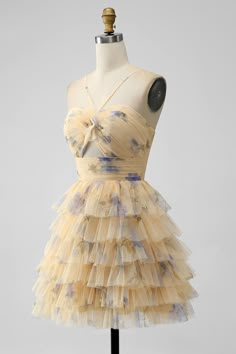 Homecoming Dresses Yellow, Prom Dress Yellow, Tiered Prom Dress, Printed Prom Dresses, Lovely Partner, Halter Prom Dresses, Floral Prom Dresses, Tulle Homecoming Dress, Hoco Dress