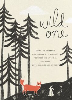 A new little wild one is joining the family! Celebrate the nature-loving mom-to-be with this adorable online baby shower invitation. The design features a black and white drawing of a forest with trees, a rabbit, and a fox in full color, with "wild one" written in cursive. Fully customize, invite, track RSVP's, and follow up with your guests. Baby Boy Birthday Themes, Toddler Boy Birthday, Online Baby Shower Invites, 1st Birthday Invitation Template, Online Baby Shower, Baby Birthday Invitations, Boy Birthday Party Themes, One Year Birthday, 1st Birthday Party Invitations