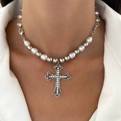 Super Cute And Stylish Ships In 5-10 Business Days Pearl Cross Necklace, Pearl Necklace Choker, Jewellery For Women, Pendant Necklace Silver, Crystal Cross, Rhinestone Cross, Rhinestone Decor, Necklace Charm, Necklace Choker