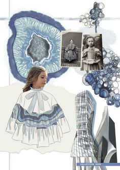 an artistic collage with blue and white images, including a woman's dress