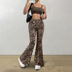 49078416441640|49078416474408|49078416507176|49078416539944 Leopard Flares, Casual Autumn Outfits Women, Leopard Pants, Leopard Leggings, Leopard Print Leggings, Flare Leggings, Leg Design, Pant Style, Korea Fashion