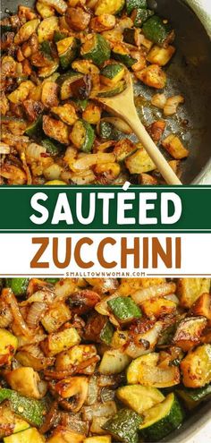 sauteed zucchini in a skillet with a wooden spoon