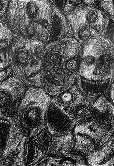 a black and white drawing of many faces