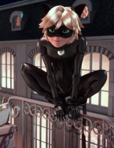 an animated catwoman sitting on top of a balcony