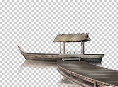 a boat with a thatched roof is on the water next to a dock and pier