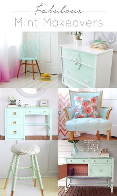 there are many different furniture and decor items in this collage with the words fabulosa mint makeovers