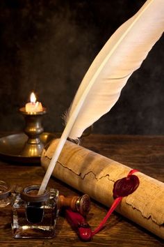 an old quill with a feather resting on it next to a candle and inkwell