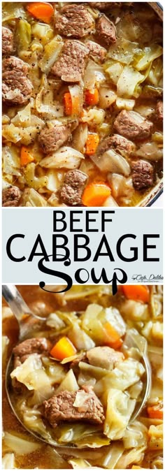 beef cabbage soup with carrots and potatoes in a white bowl