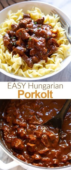 easy hungarian pork potkoit in a white bowl with noodles and sauce on the side