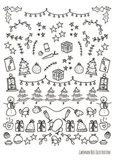 a black and white drawing of christmas decorations