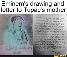 an open book with a drawing of a man's face and the words, emiment's drawing and letter to tupac's mother