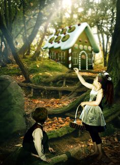 two children are playing in the woods with a house on their shoulders and trees around them