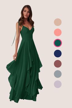 a woman in a long green dress with different colors and shapes to choose from, including the