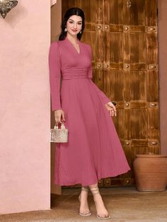 Coral Pink Elegant Collar Long Sleeve Woven Fabric Plain A Line Embellished Non-Stretch  Women Clothing Ruched Waist Dress, Style Bleu, Classy Jumpsuit, Designer Midi Dresses, Mauve Purple, Textured Dress, Pink Midi Dress, Dress For Short Women, Slim Dresses