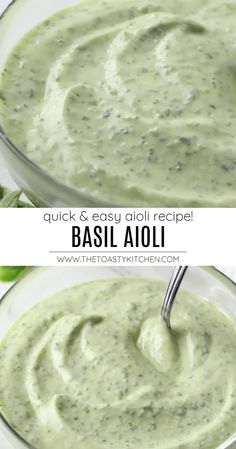 two pictures showing how to make basil sauce