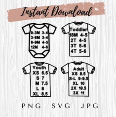 three baby onesuits with numbers on them, and the words instant download