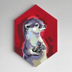 an abstract painting of a dog on a red hexagonal wall hanging above a white wall