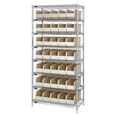 chrome wire shelving with bins and baskets on the bottom shelf, isolated against a white background