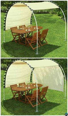 two pictures of a table and chairs under an awning in the grass, one is empty