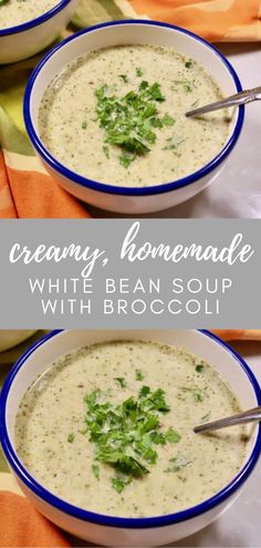 creamy, homemade white bean soup with broccoli in two blue and white bowls