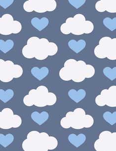 blue and white hearts are in the shape of clouds on a gray background with light blue heart shapes