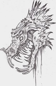 a black and white drawing of a dragon's head with spikes on its back