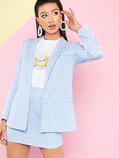 Gingham Blazer, Blazer Skirt Set, Split Hem Skirt, Blazer And Skirt Set, Two Piece Jumpsuit, Blazer And Skirt, Stylish Party, Crop Top Skirt, Ribbed Knit Top