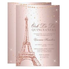 an elegant pink and gold birthday party card with the eiffel tower on it