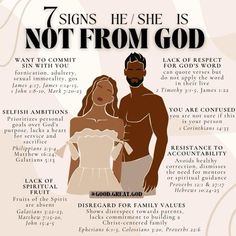 a man and woman standing next to each other with the words 7 signs he / she is not from god