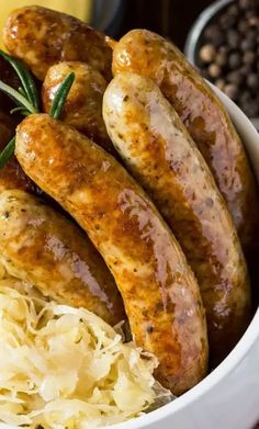 some sausages and sauerkraut in a bowl