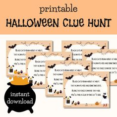 printable halloween clue hunt with pumpkins and witches on the ground, including an orange background