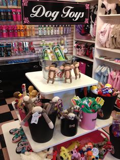 there are many toys on display in the store